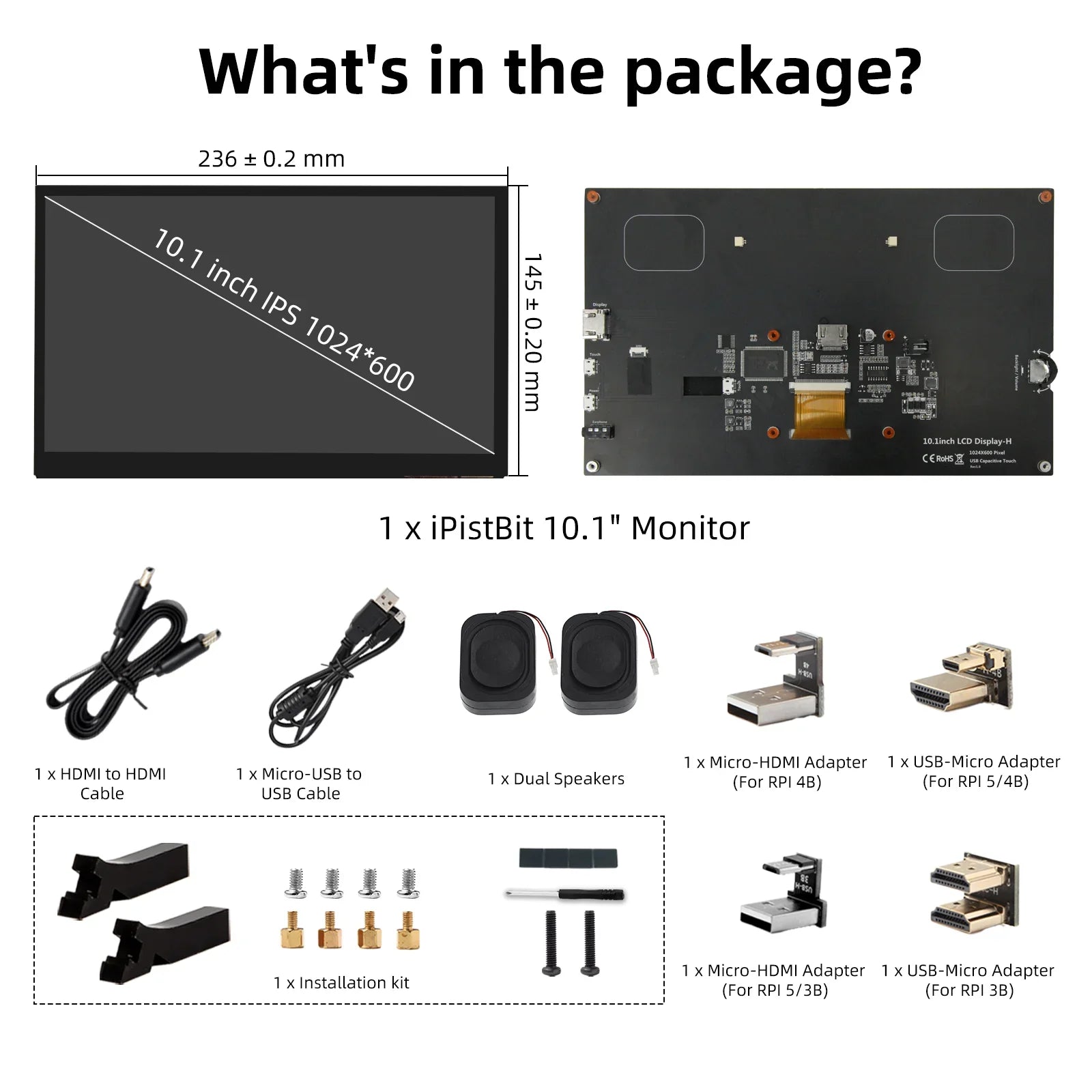 10.1 inch Capacitive Touchscreen，IPS 1024×600, Dual Built-in Speakers, HDMI Monitor Compatible with Raspberry Pi