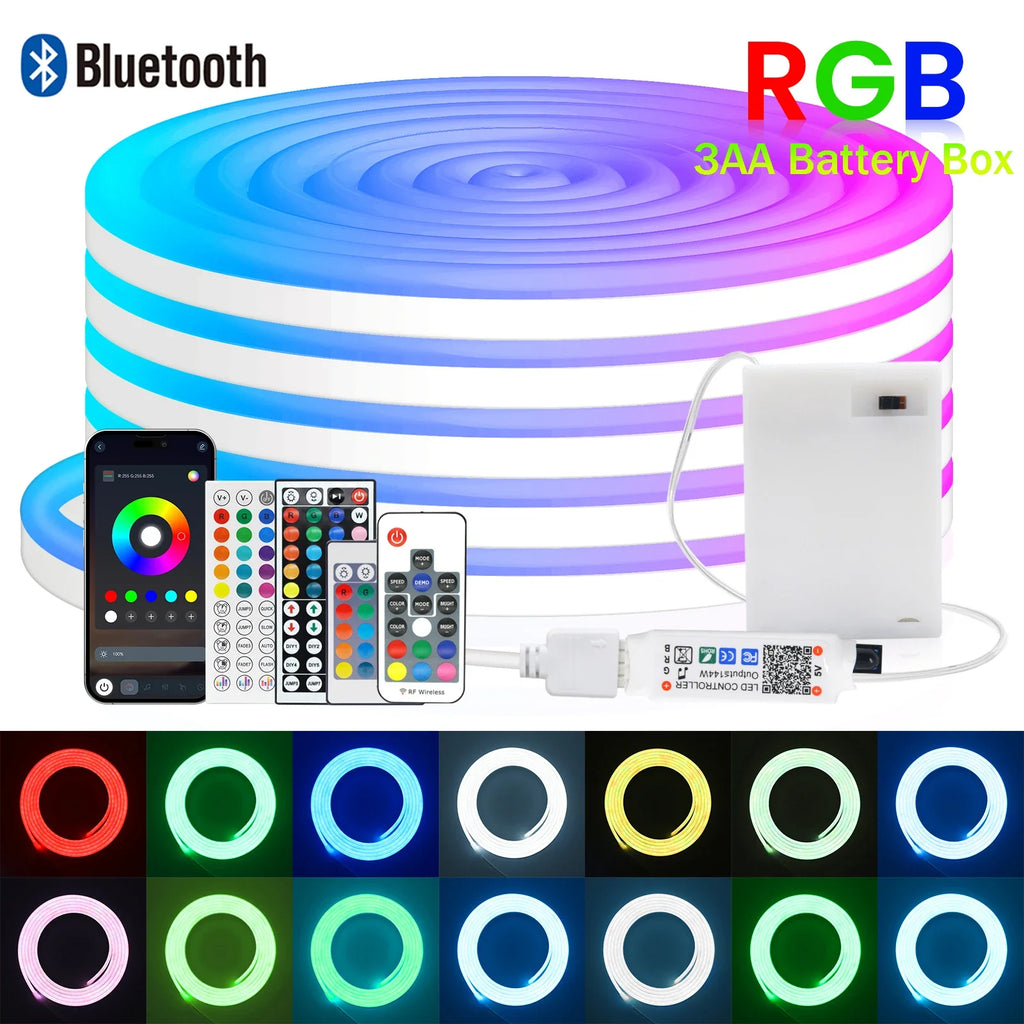 3AA Battery Box RGB Neon LED Strip Light – 5V 108 LEDs/M Waterproof Flexible Neon Strip with Bluetooth & Remote Control