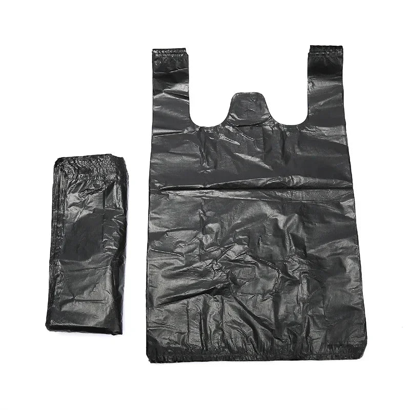 100PCS Black Vest Plastic Bags – Durable Garbage & Shopping Bags with Handles for Kitchen & Living Room