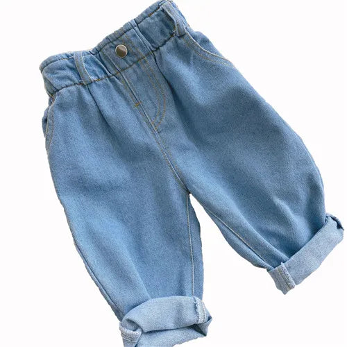 2024 Autumn Winter Baby Jeans – High Waist Solid Color Warm Out Pants for Boys & Girls