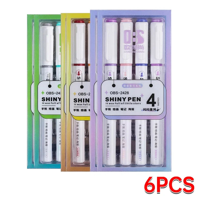 4 Colors Shining Highlighter Pens – Kawaii School Markers for Notes & Journals