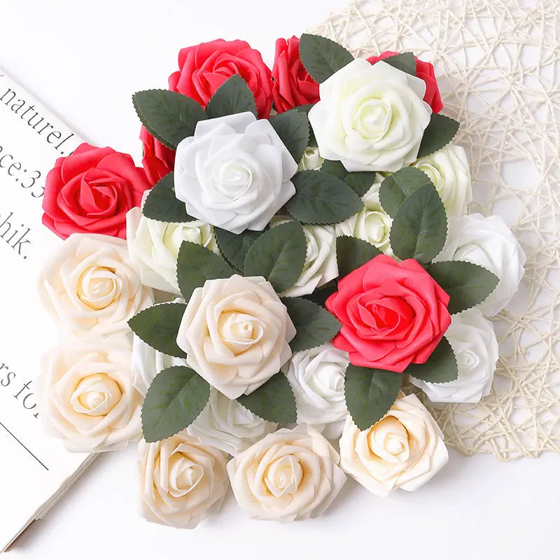 25Pcs Milk White Artificial Rose Flowers – Silk Fake Flower Stems for DIY Wedding Bouquets & Home Decor