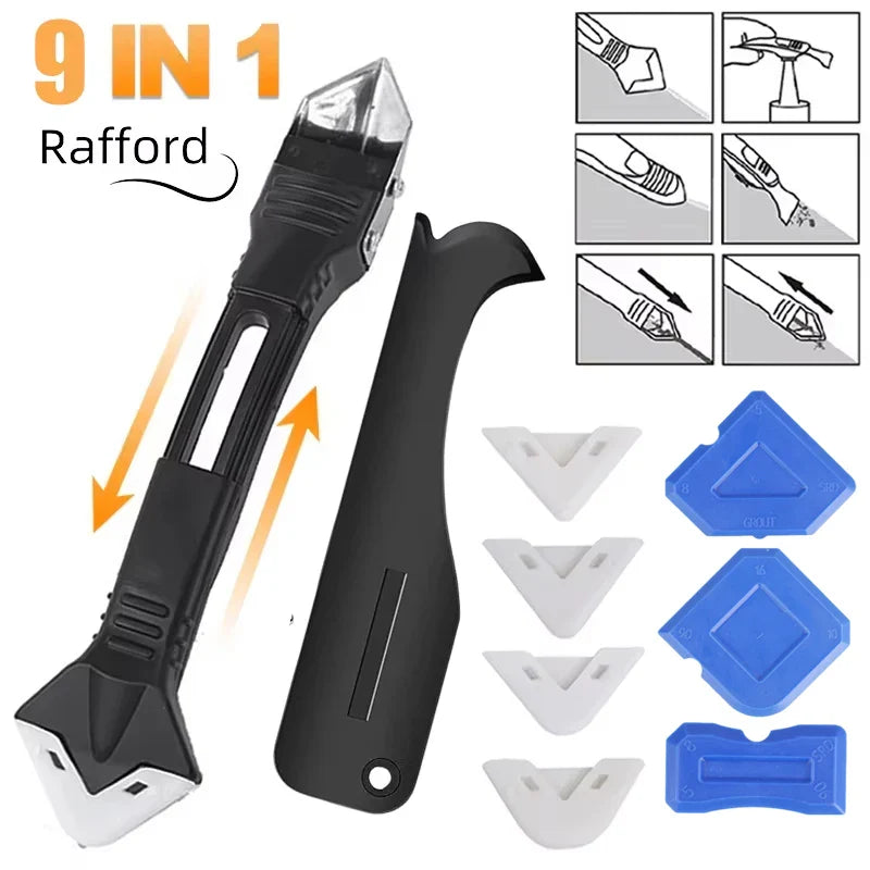 5 in 1 Metal Head Shovel Glue Tool Kit – Silicone Spatula, Caulk Remover, Grout Removal, Sealant Finishing & Corner Scraper