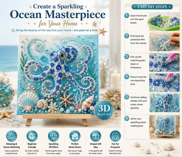 Ocean Theme Pearl Art DIY Kit – Relaxing DIY Craft to Create Stunning Coastal Artwork