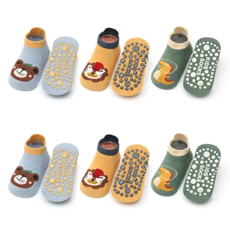 6 Pairs Kids Cotton Socks – Cute Cartoon Animal Pattern Non-Slip Floor Socks for Babies & Toddlers