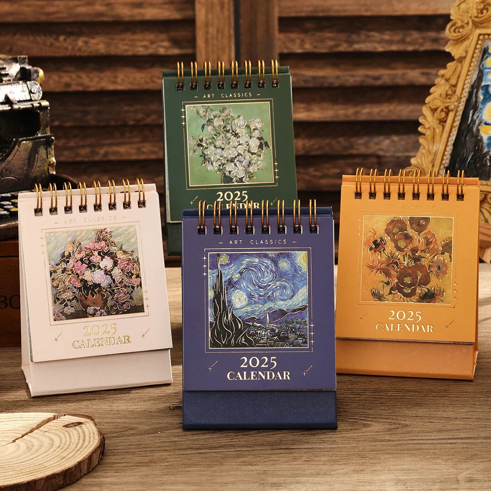 2025 Vintage Mini Bronzing Painting Desk Calendar – Monthly Flip Tabletop Planner