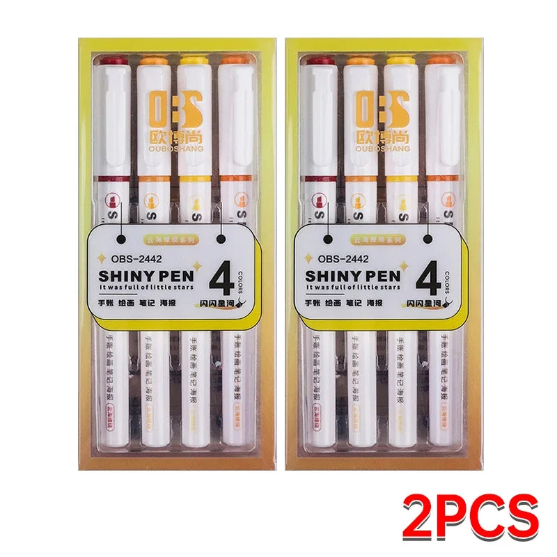 4 Colors Shining Highlighter Pens – Kawaii School Markers for Notes & Journals