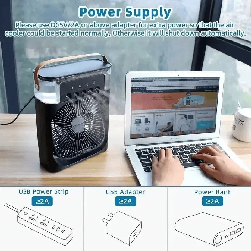 3-in-1 Portable Air Cooler Fan – Mini USB Humidifier, Air Conditioner & LED Night Light for Home, Office & Travel