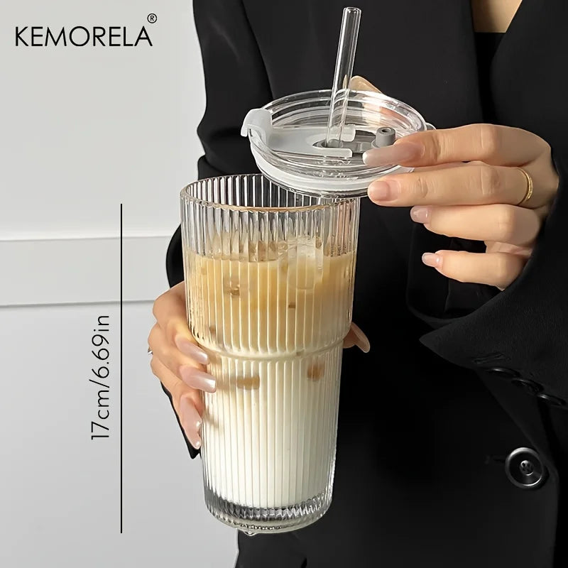 600ML Stripe Glass Coffee Cup with Lid – Transparent Juice & Iced Coffee Mug, Cold Drink Glassware without Straw