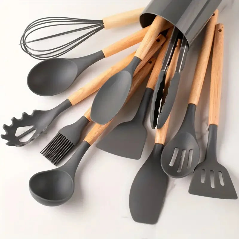 12PCS Silicone Kitchen Utensils Set – Heat-Resistant Non-Stick Spatulas & Spoons with Wooden Handles