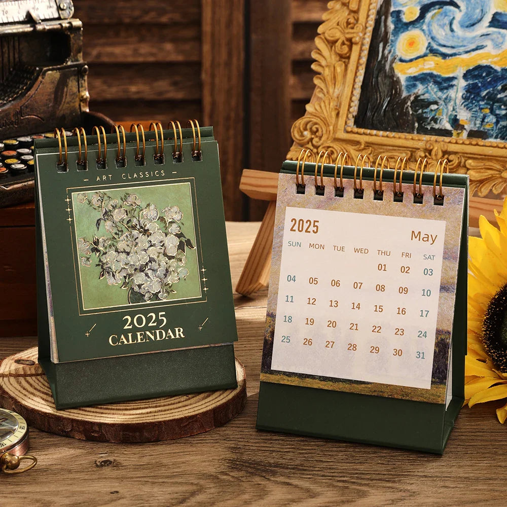 2025 Vintage Mini Bronzing Painting Desk Calendar – Monthly Flip Tabletop Planner