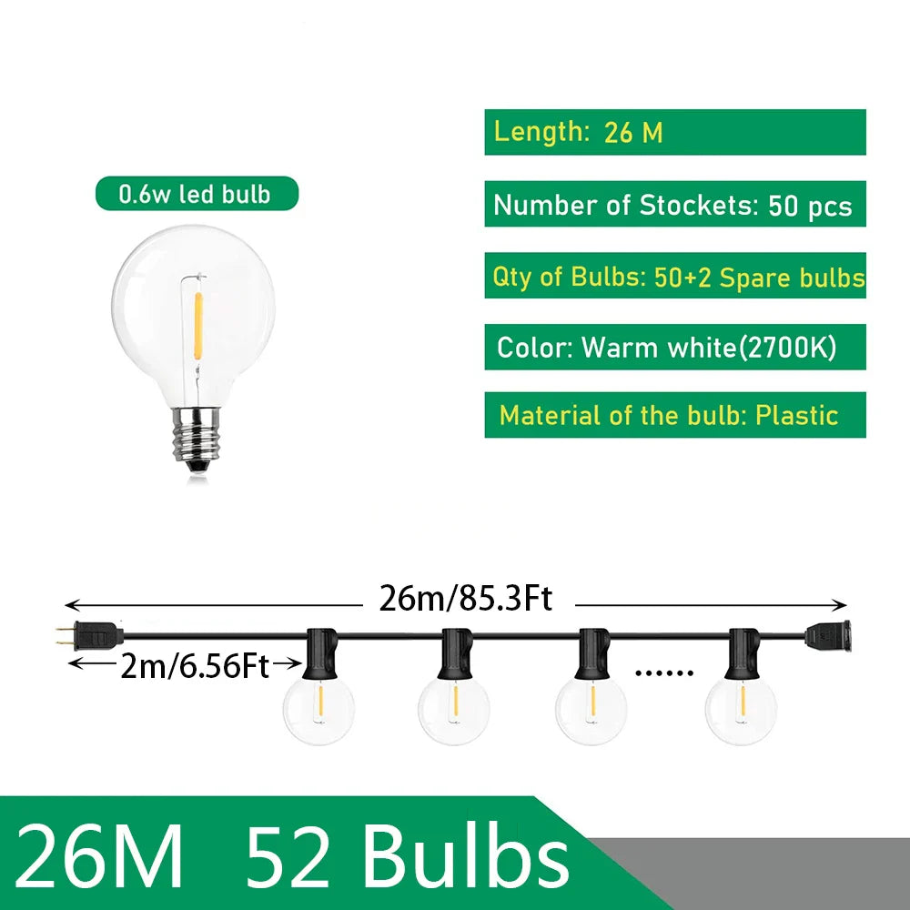 110V/220V Outdoor String Lights LED G40 Festoon Garland – Waterproof Warm White Fairy Lights for Patio, Garden & Wedding Decoration