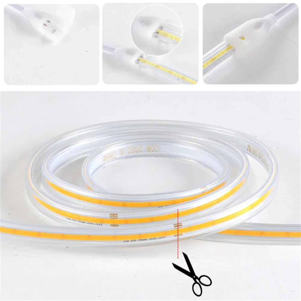 220V High Brightness COB LED Strip Lights IP65 Waterproof Flexible Ribbon for Indoor & Outdoor Garden Lighting