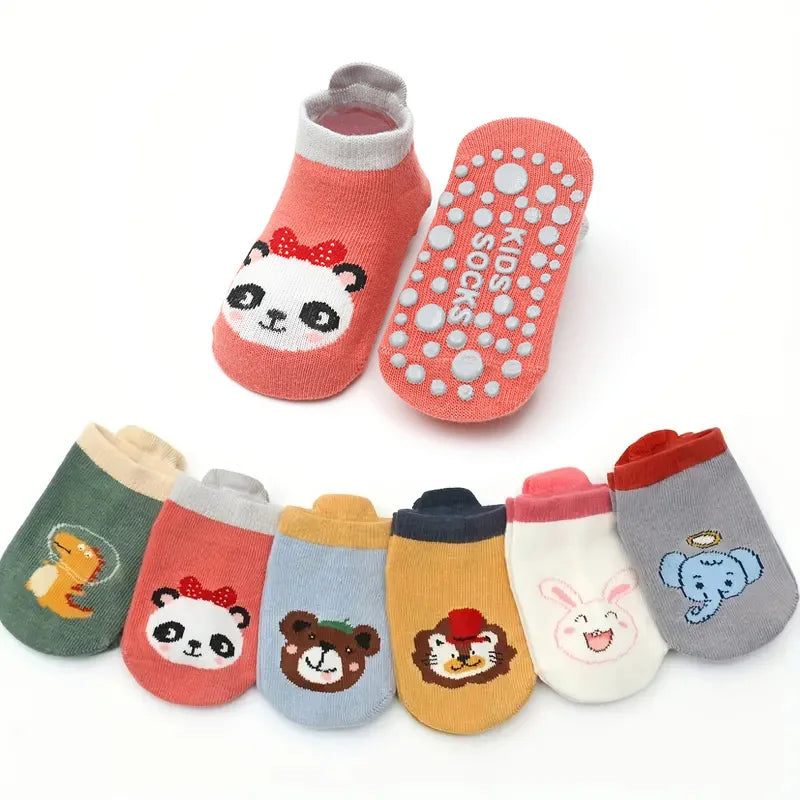 6 Pairs Kids Cotton Socks – Cute Cartoon Animal Pattern Non-Slip Floor Socks for Babies & Toddlers