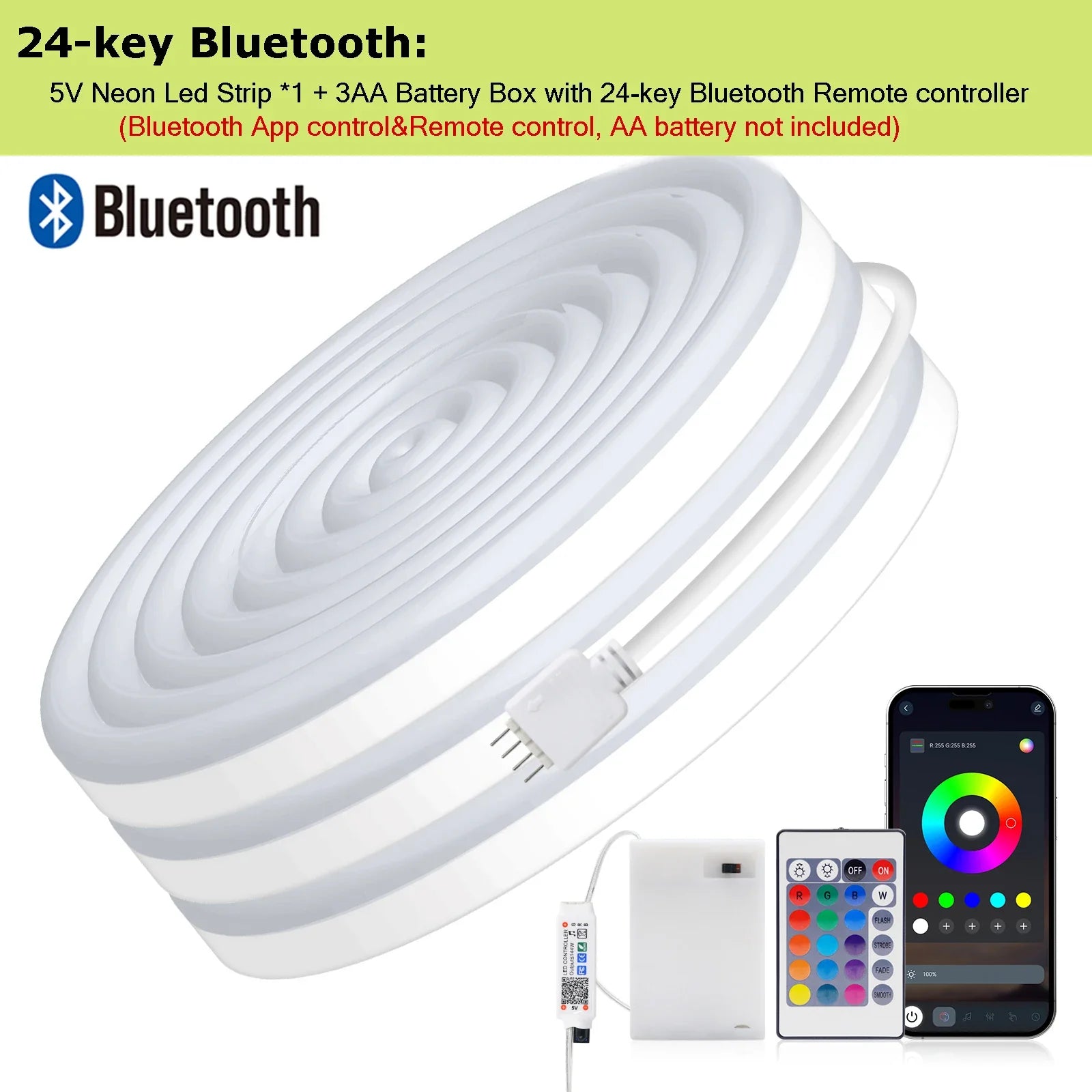 3AA Battery Box RGB Neon LED Strip Light – 5V 108 LEDs/M Waterproof Flexible Neon Strip with Bluetooth & Remote Control