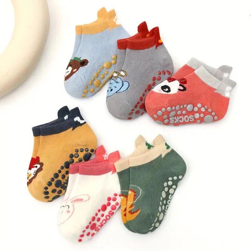 6 Pairs Kids Cotton Socks – Cute Cartoon Animal Pattern Non-Slip Floor Socks for Babies & Toddlers