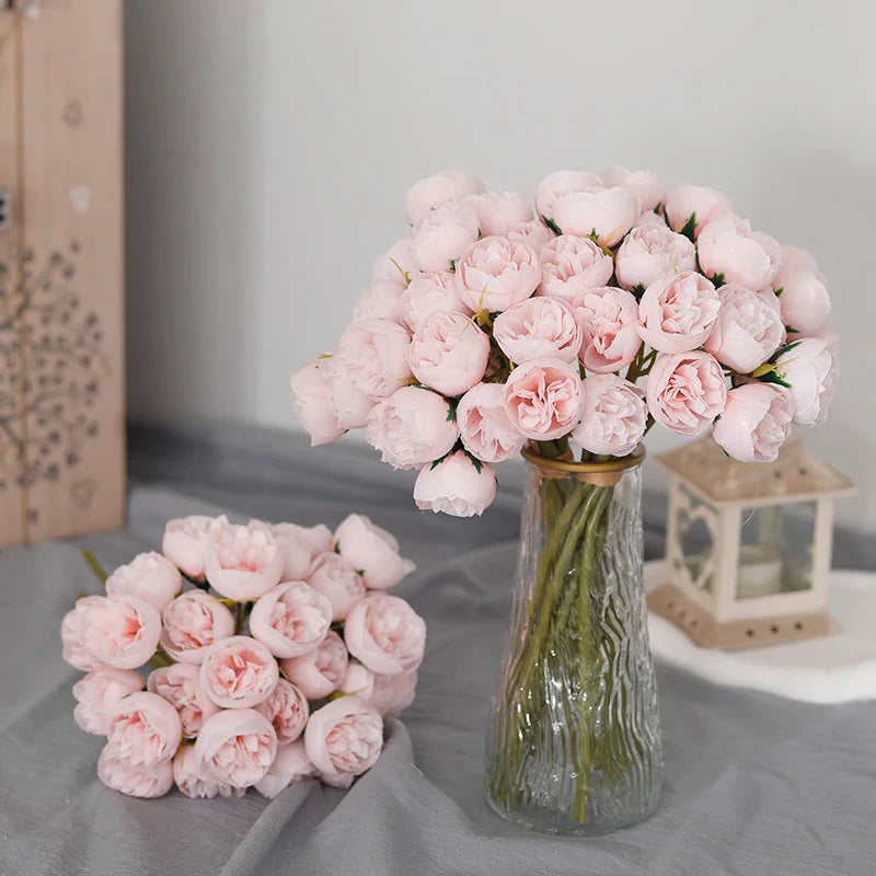 27 Heads Artificial Silk Pink Peony Rose Bouquet for Home Wedding Decoration