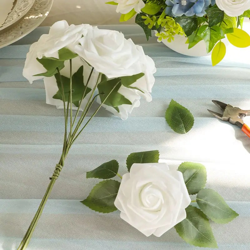25Pcs Milk White Artificial Rose Flowers – Silk Fake Flower Stems for DIY Wedding Bouquets & Home Decor