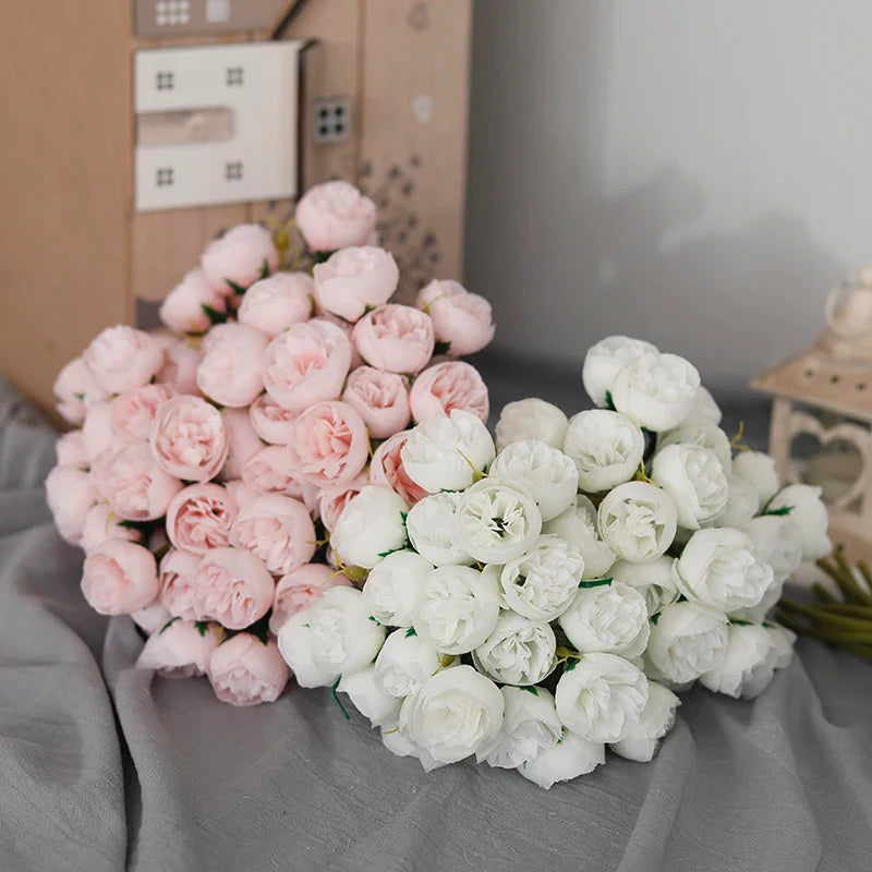 27 Heads Artificial Silk Pink Peony Rose Bouquet for Home Wedding Decoration