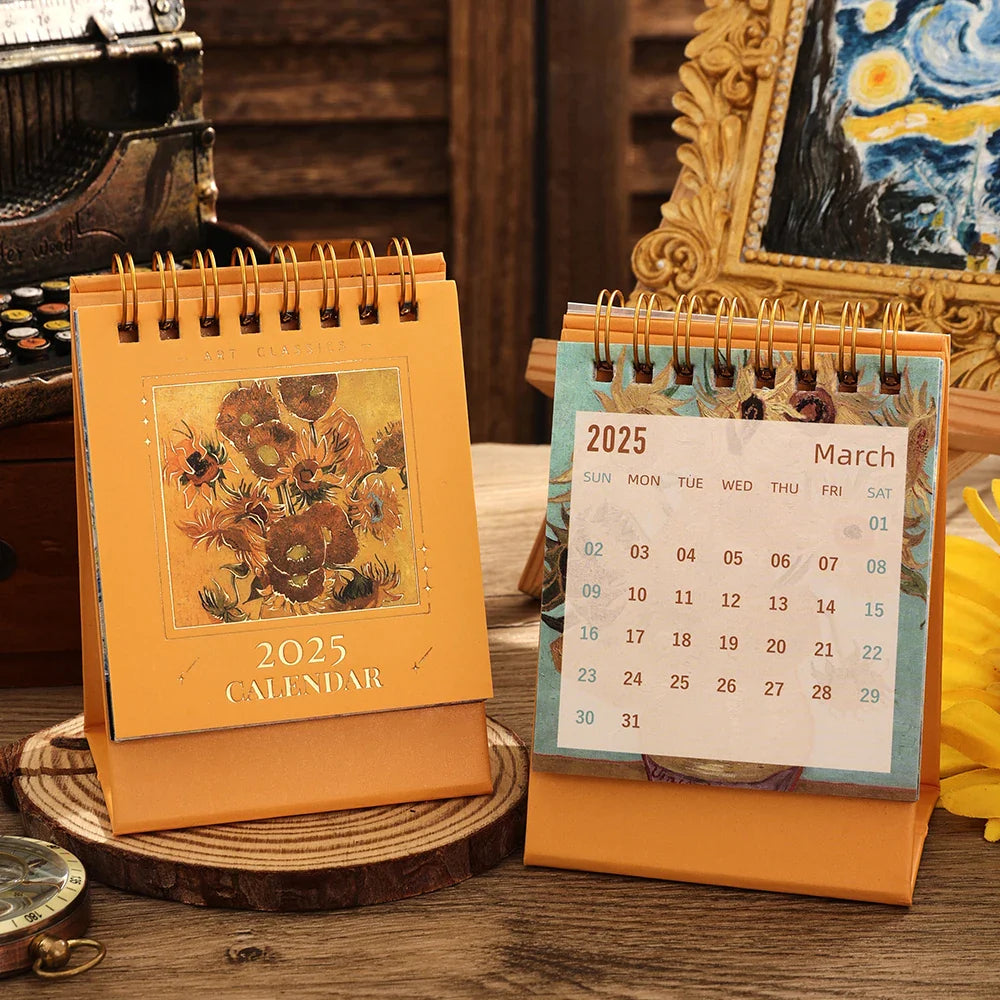 2025 Vintage Mini Bronzing Painting Desk Calendar – Monthly Flip Tabletop Planner