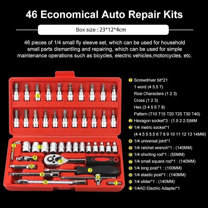 46PCS Car Repair Tool Kit – 1/4-Inch Socket & Ratchet Set for Auto Maintenance & Torque Wrench Jobs