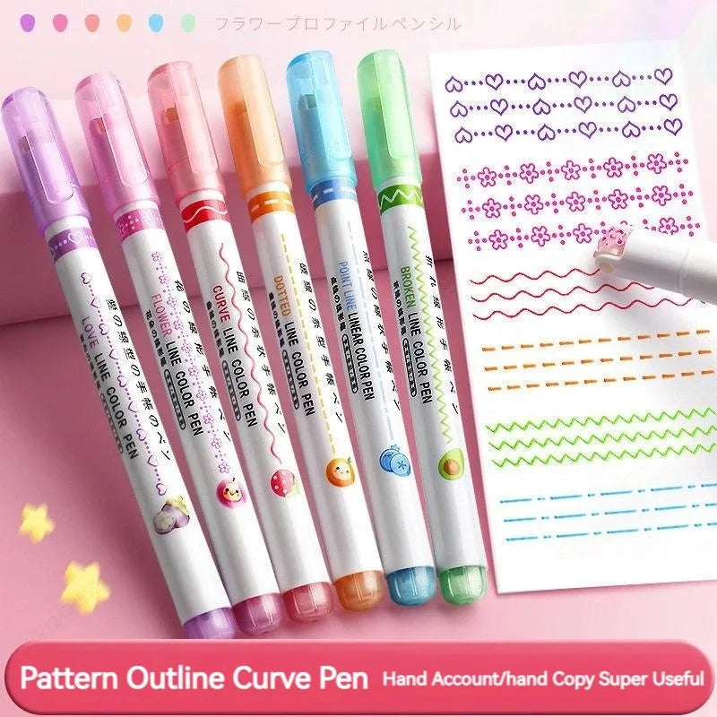 6Pcs Flower Line Shape Highlighter Pen Set – Curve Liner Roller Tip Markers for Creative Journaling