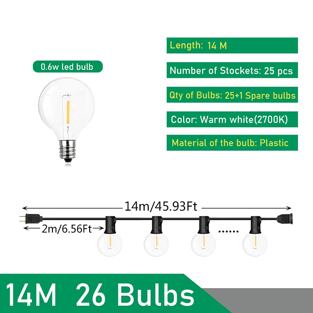 110V/220V Outdoor String Lights LED G40 Festoon Garland – Waterproof Warm White Fairy Lights for Patio, Garden & Wedding Decoration