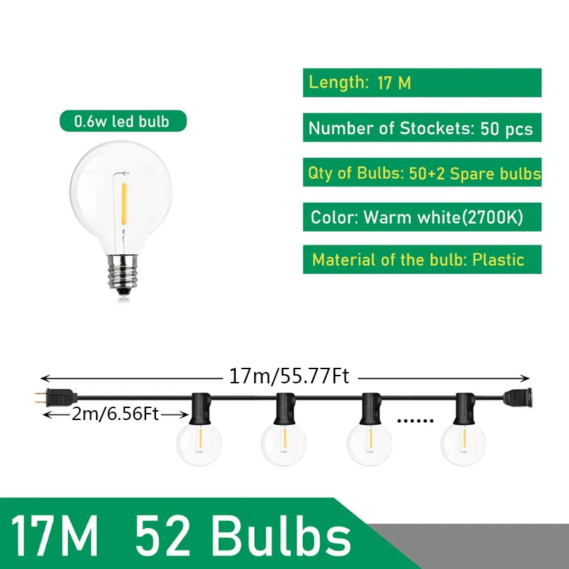 110V/220V Outdoor String Lights LED G40 Festoon Garland – Waterproof Warm White Fairy Lights for Patio, Garden & Wedding Decoration