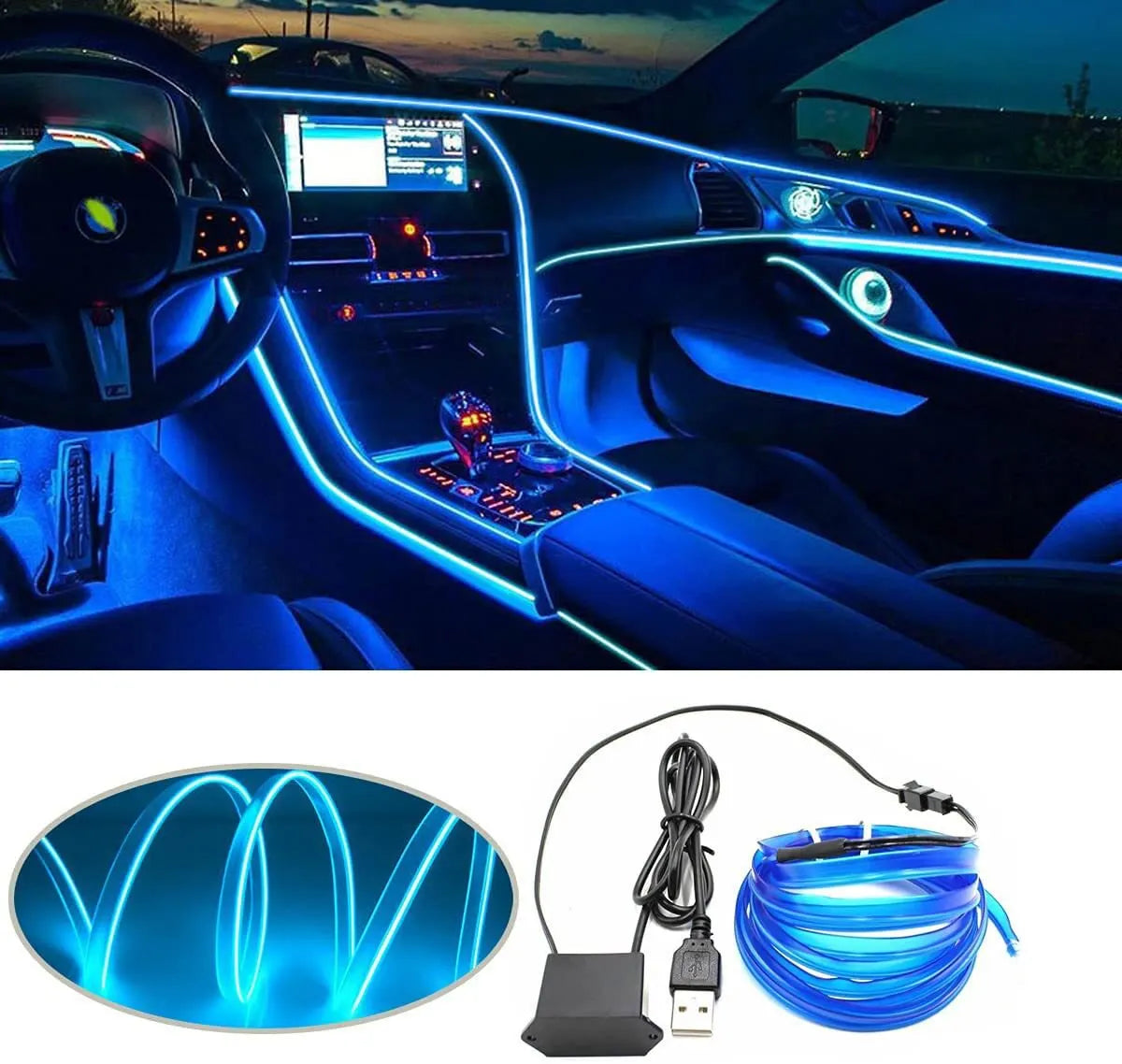 2M/3M/5M LED Car Interior Decoration Light – Flexible EL Wiring Neon Strip with USB Drive for Ambient Auto Lighting