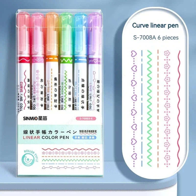 6Pcs Flower Line Shape Highlighter Pen Set – Curve Liner Roller Tip Markers for Creative Journaling