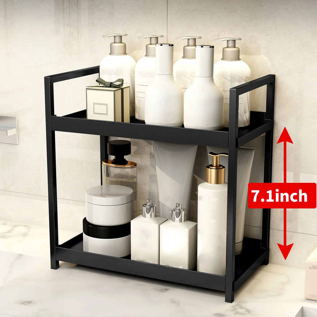 2-Tier Multifunctional Countertop Storage Rack – Large-Capacity Bathroom Cosmetic & Kitchen Spice Holder in Black and White
