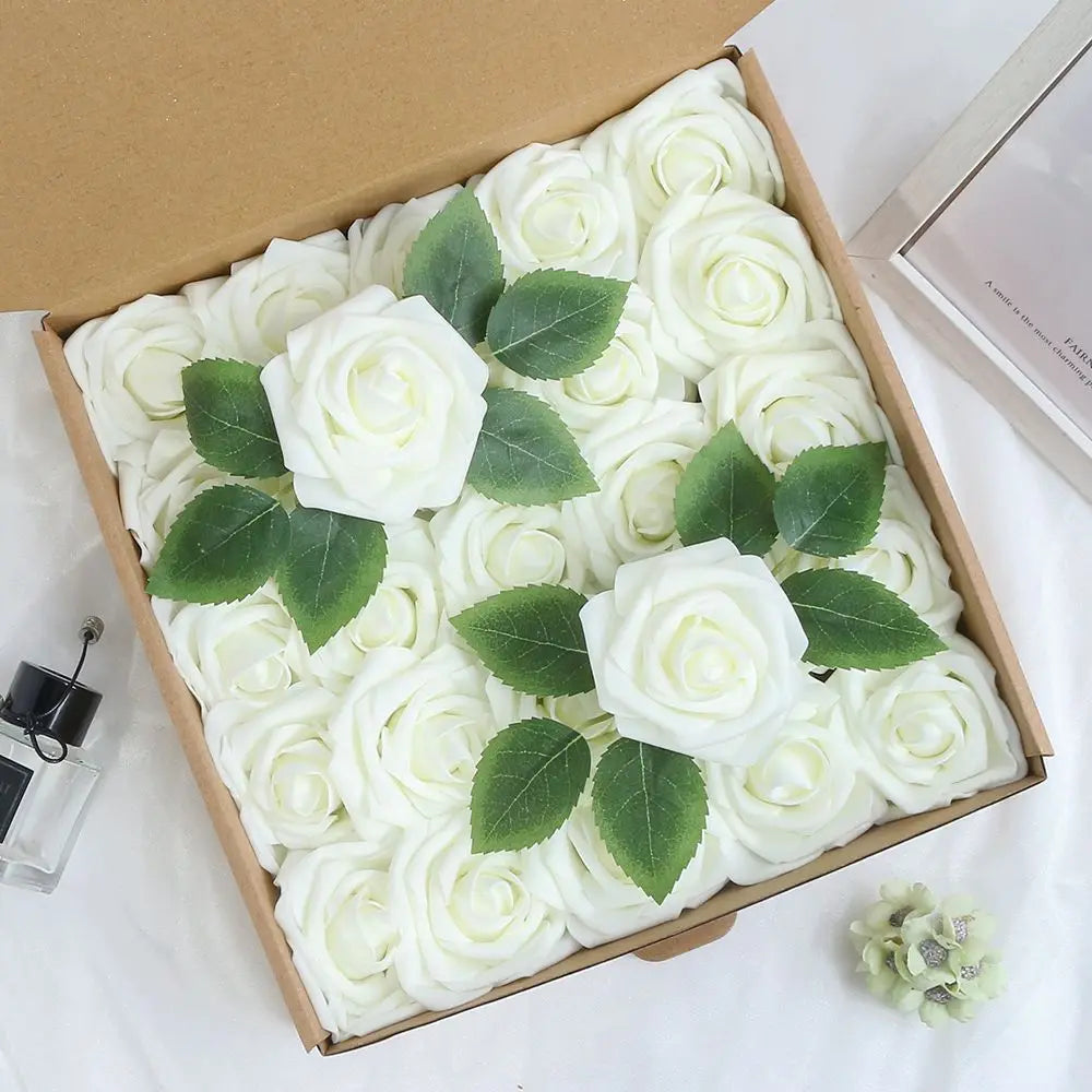25Pcs Milk White Artificial Rose Flowers – Silk Fake Flower Stems for DIY Wedding Bouquets & Home Decor