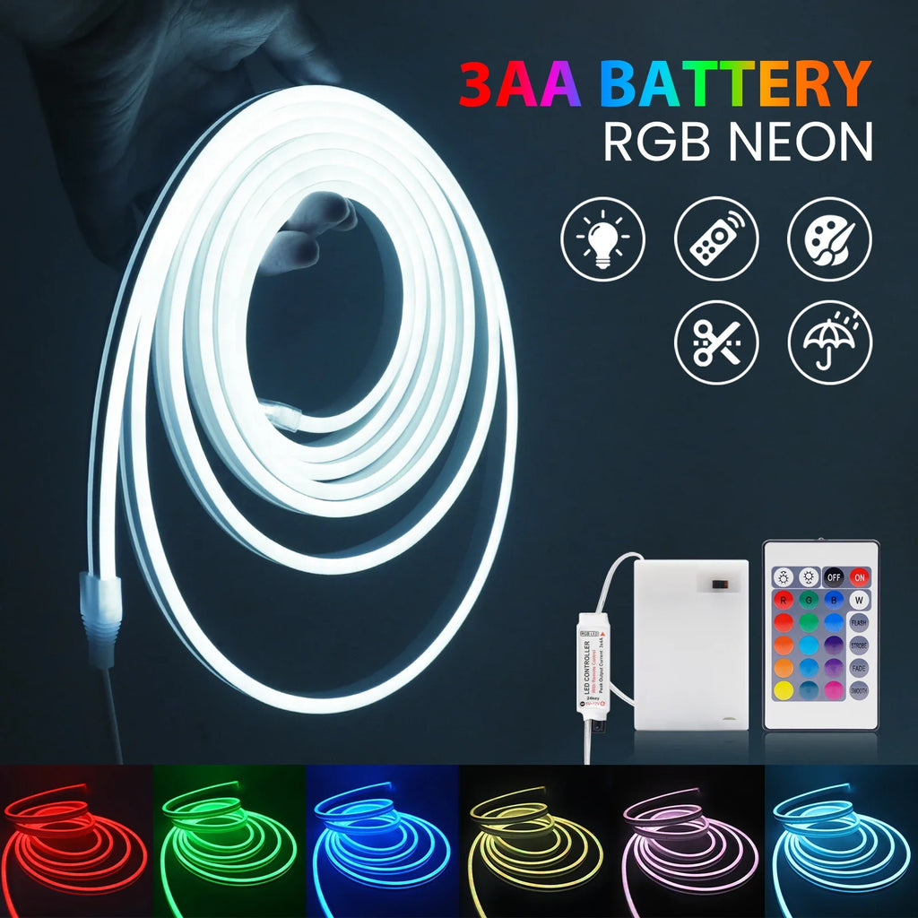 3AA Battery Box RGB Neon LED Strip Light – 5V 108 LEDs/M Waterproof Flexible Neon Strip with Bluetooth & Remote Control