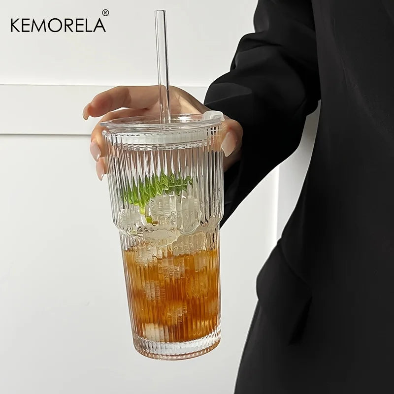 600ML Stripe Glass Coffee Cup with Lid – Transparent Juice & Iced Coffee Mug, Cold Drink Glassware without Straw