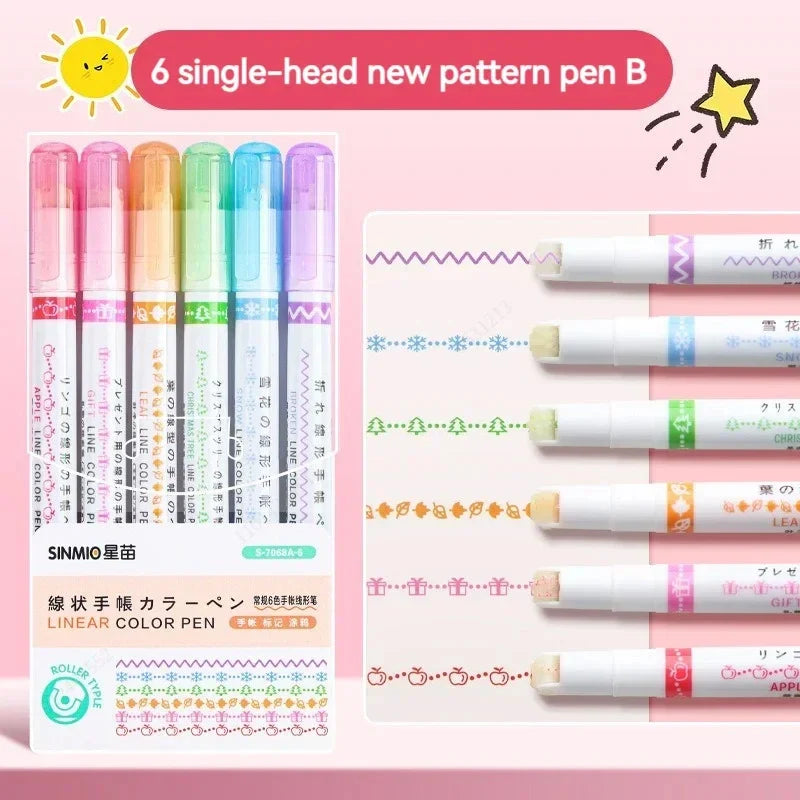 6Pcs Flower Line Shape Highlighter Pen Set – Curve Liner Roller Tip Markers for Creative Journaling