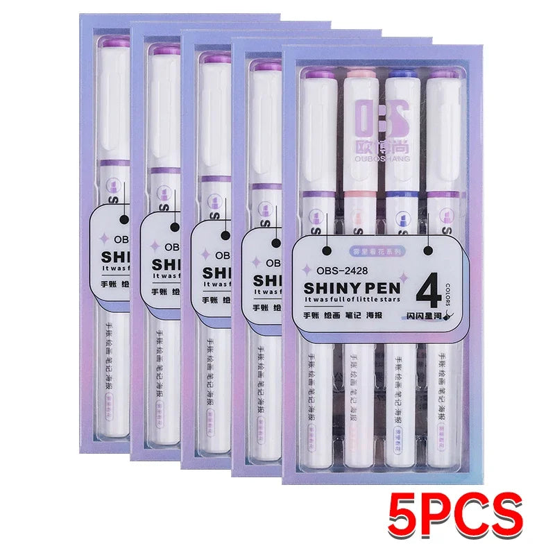 4 Colors Shining Highlighter Pens – Kawaii School Markers for Notes & Journals