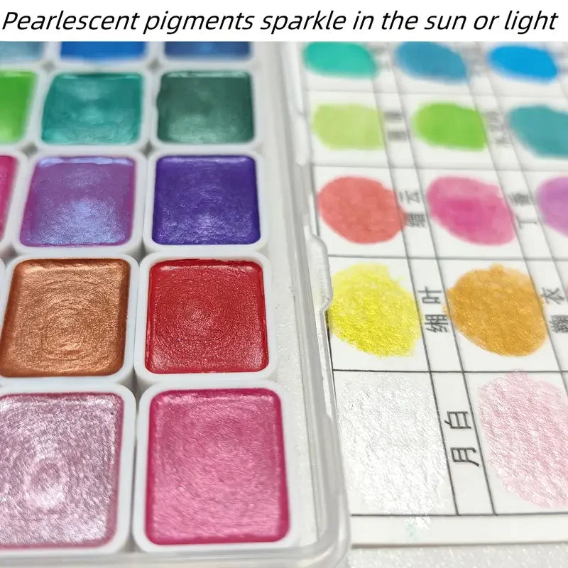 20 Colors Metal Watercolor Painting Set – Portable Box with Shiny Pearls & Art Supplies