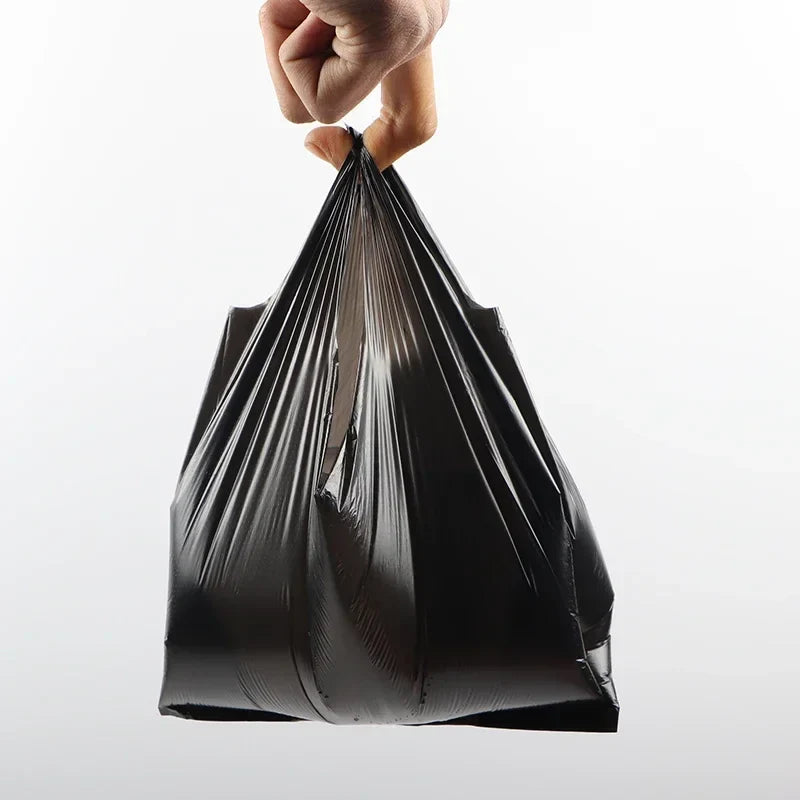 100PCS Black Vest Plastic Bags – Durable Garbage & Shopping Bags with Handles for Kitchen & Living Room