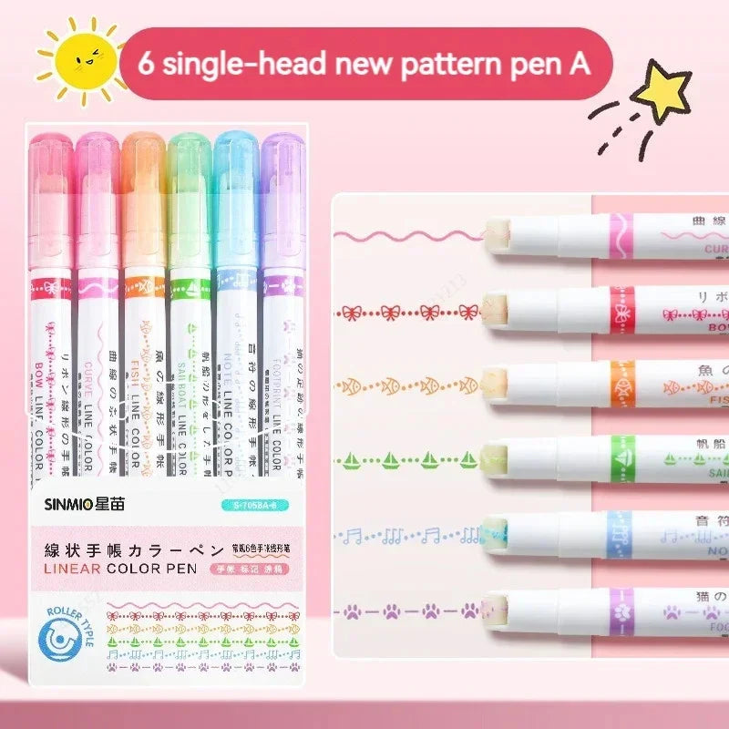 6Pcs Flower Line Shape Highlighter Pen Set – Curve Liner Roller Tip Markers for Creative Journaling