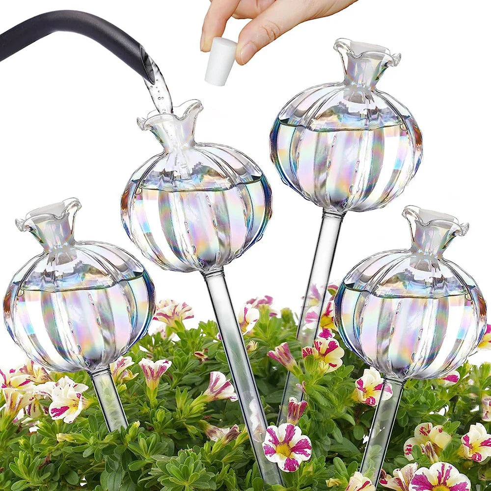 2PCS Glass Pomegranate Flower Watering Globes – Decorative Self-Watering Tools for Indoor & Outdoor Plants