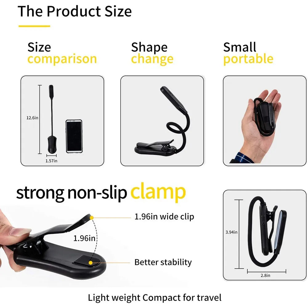 7 LED USB Rechargeable Book Light – Clip-On Reading Lamp with 3 Color Modes & 9 Brightness Levels for Bedside, Study & Travel