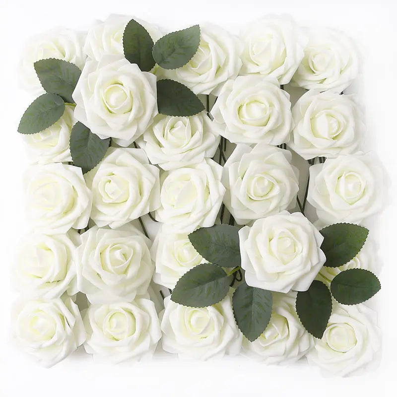25Pcs Milk White Artificial Rose Flowers – Silk Fake Flower Stems for DIY Wedding Bouquets & Home Decor