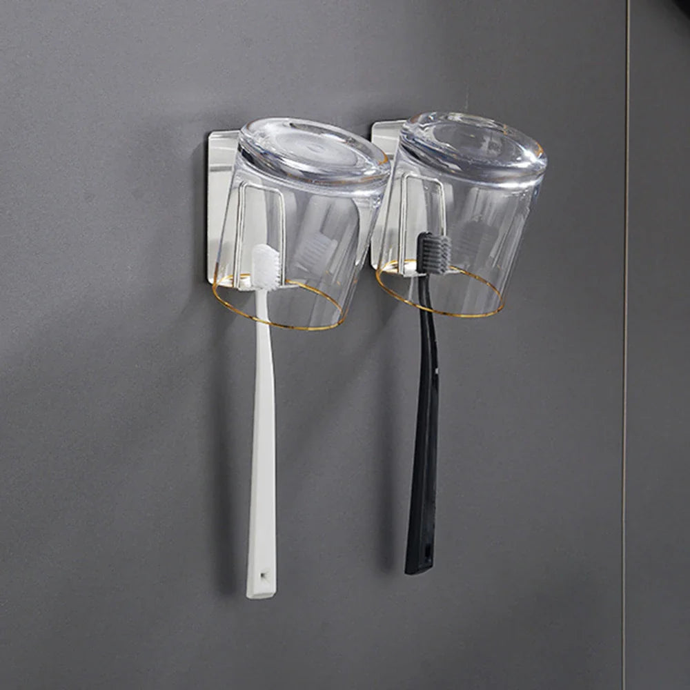 304 Stainless Steel Toothbrush & Cup Wall Hook – No-Drill Bathroom Holder for Toothbrushes, Razors, and Cups