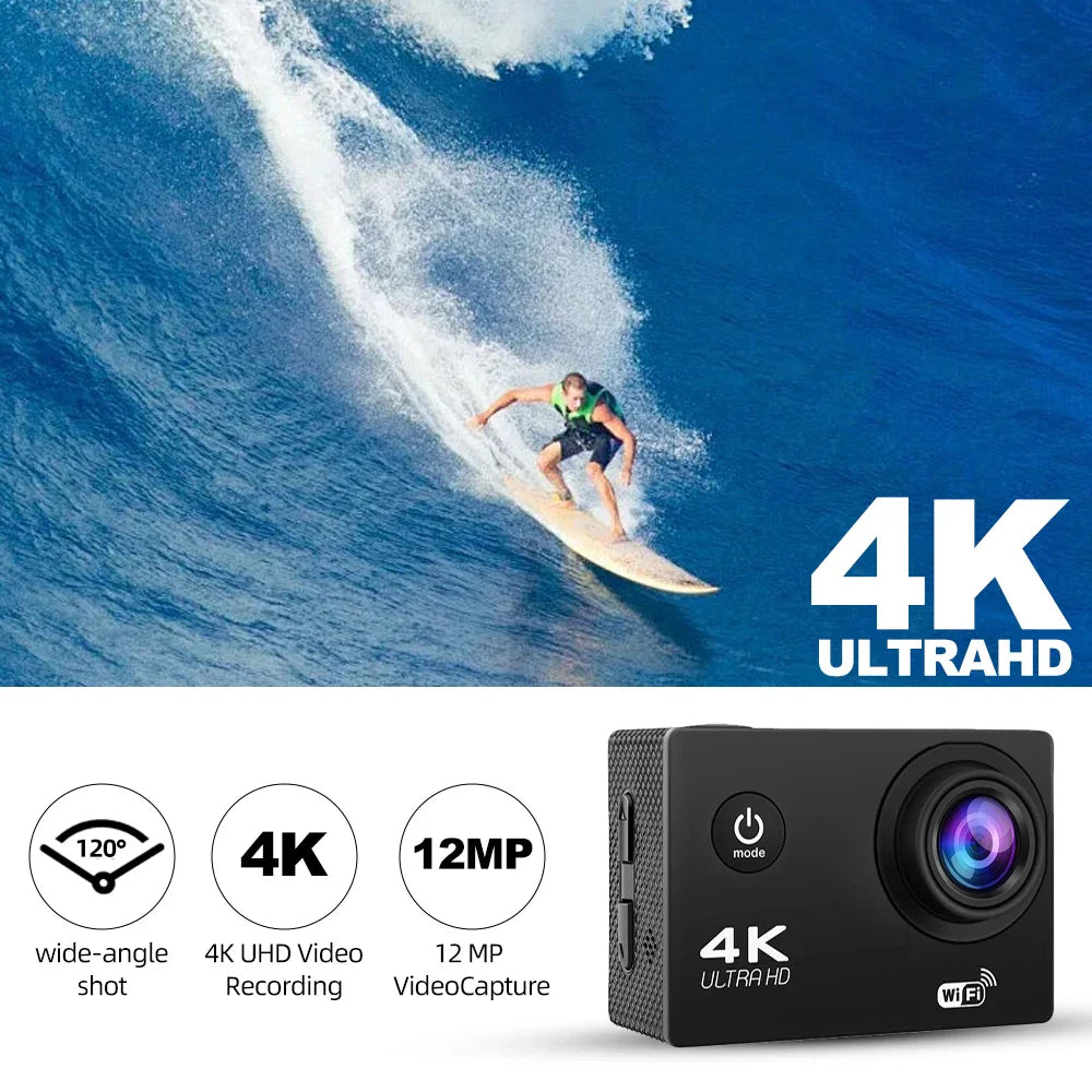 4K Action Camera with WiFi – 1080P/30FPS Waterproof Sports Camera with 2.0” Screen, 170° Wide-Angle Lens for Outdoor & Underwater Use