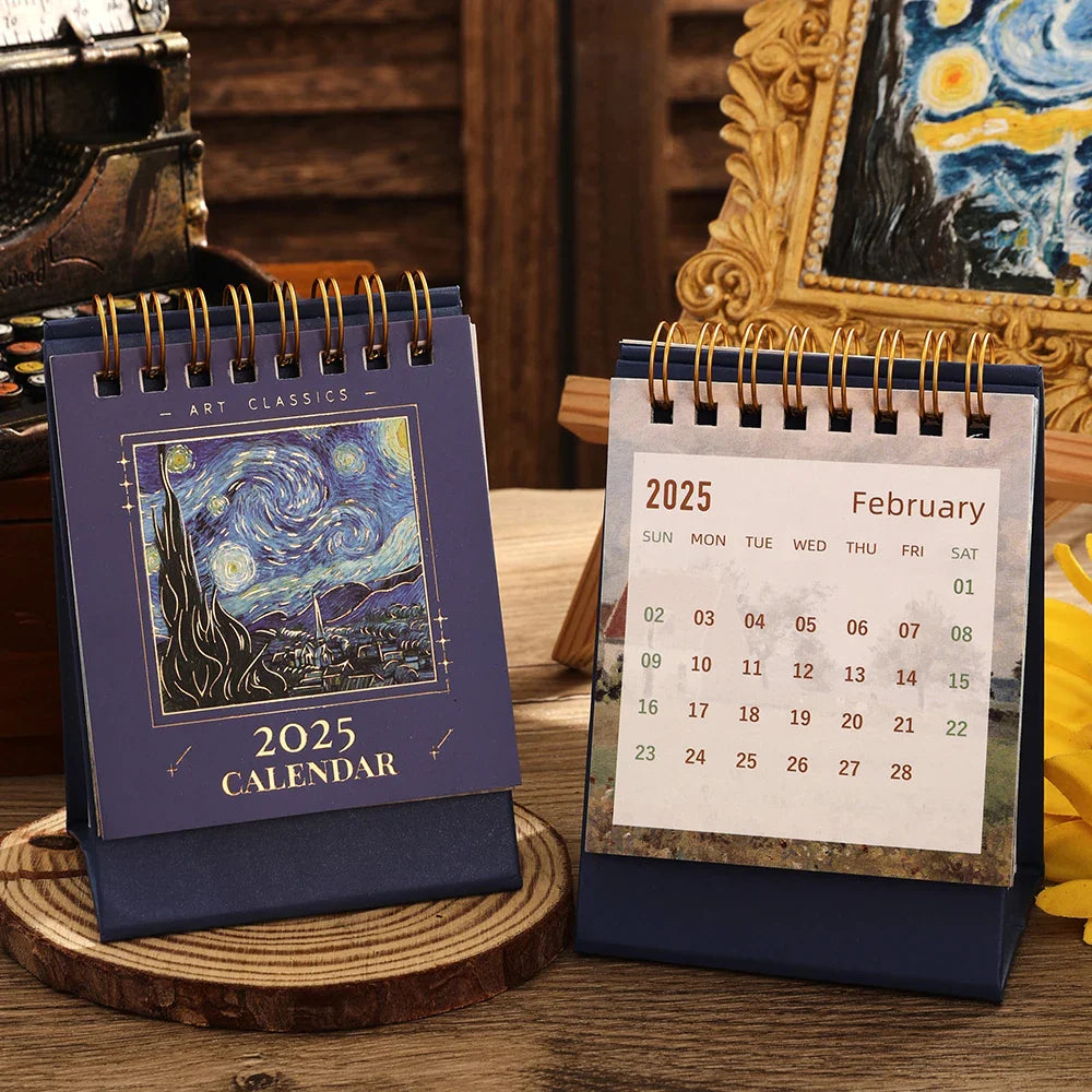 2025 Vintage Mini Bronzing Painting Desk Calendar – Monthly Flip Tabletop Planner