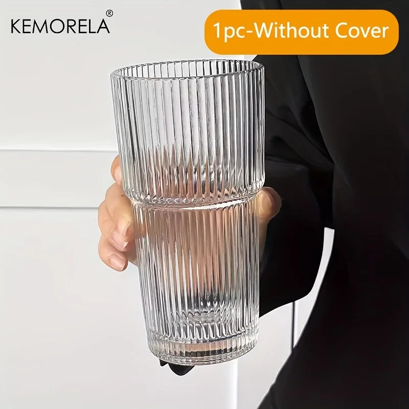 600ML Stripe Glass Coffee Cup with Lid – Transparent Juice & Iced Coffee Mug, Cold Drink Glassware without Straw