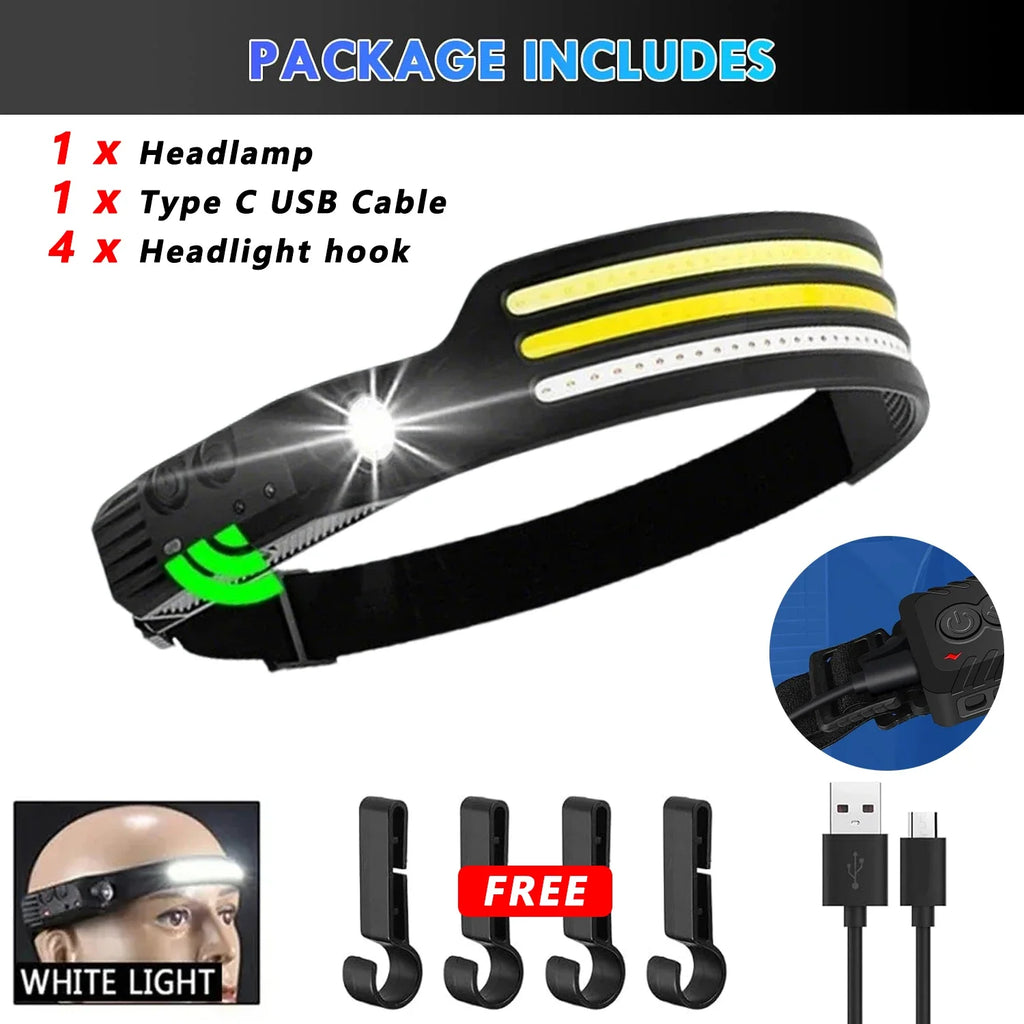 6 Modes LED Induction Headlamp COB Sensor Head Lamp Rechargeable Built-in Battery Flashlight Outdoor Work Lighting Headlights