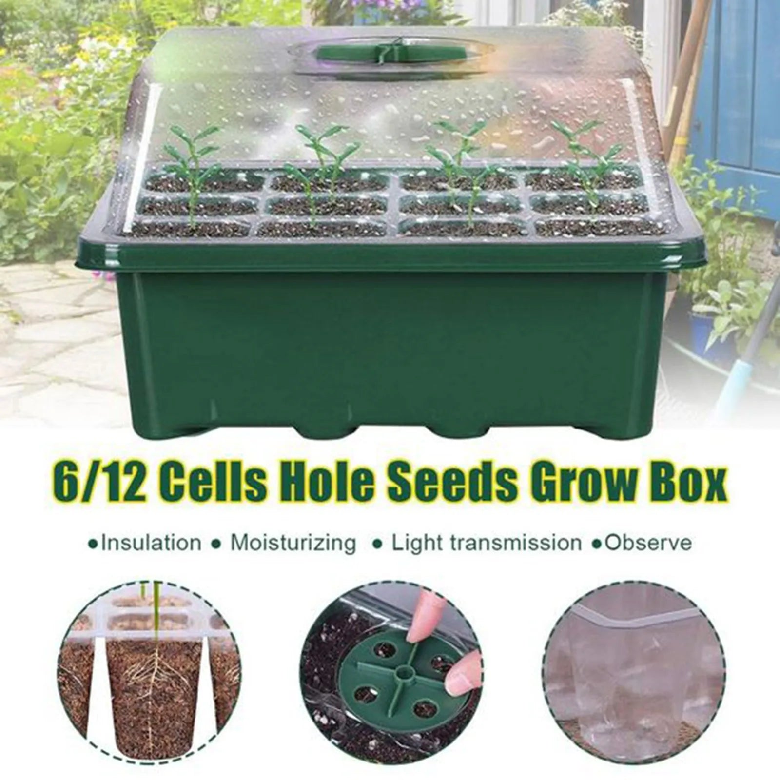 12-Hole Seed Starter Tray – Adjustable Germination Box with Ventilation Lid
