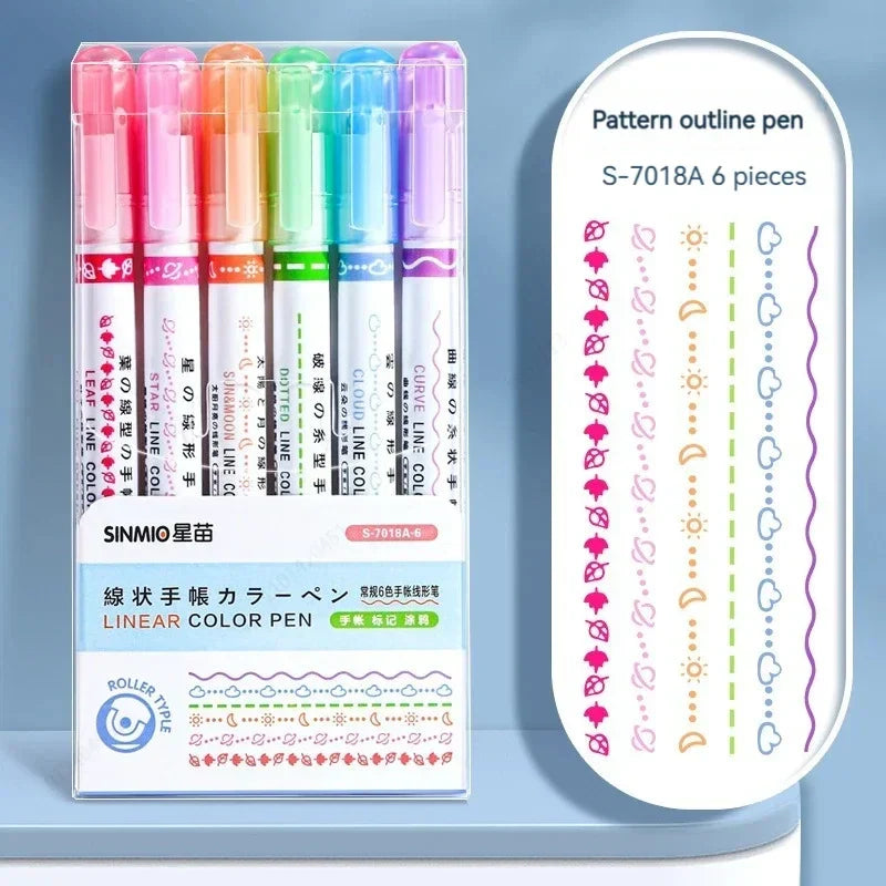 6Pcs Flower Line Shape Highlighter Pen Set – Curve Liner Roller Tip Markers for Creative Journaling