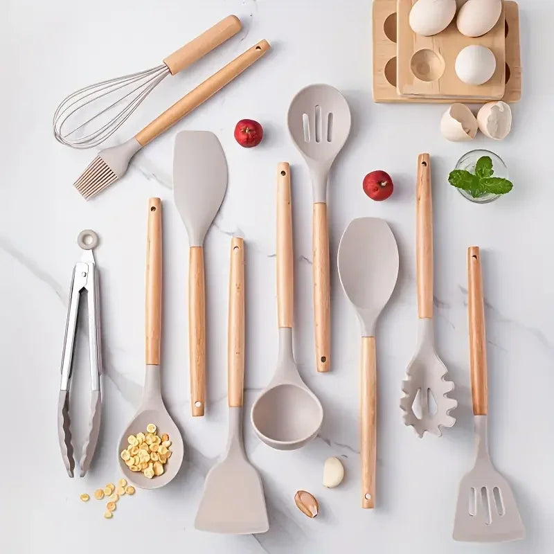 12PCS Silicone Kitchen Utensils Set – Heat-Resistant Non-Stick Spatulas & Spoons with Wooden Handles